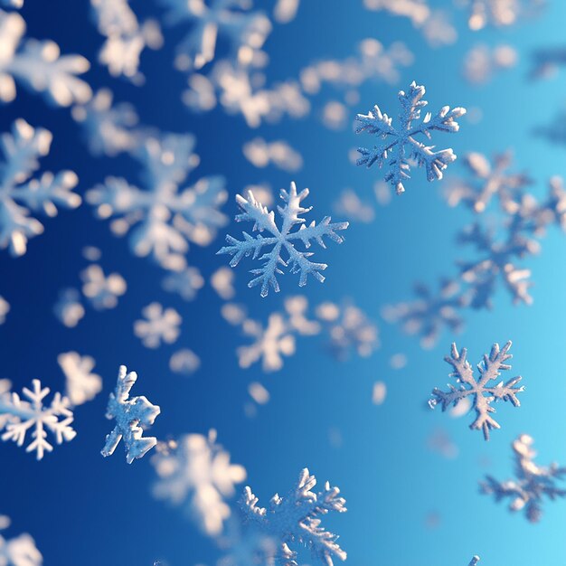 Photo snowflakes are shown against a blue sky