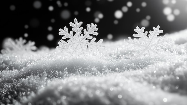 Photo snowflakes are in the snow and the background is black and white