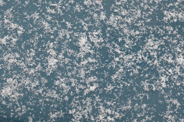 Snowflakes on a blue background closeup snow texture natural Christmas bacground