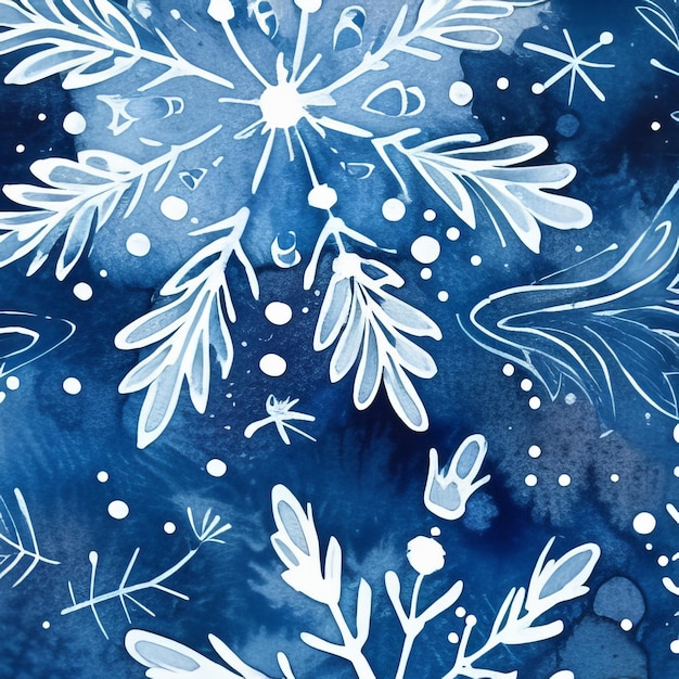 Photo snowflakes on blue watercolor background handdrawn illustration