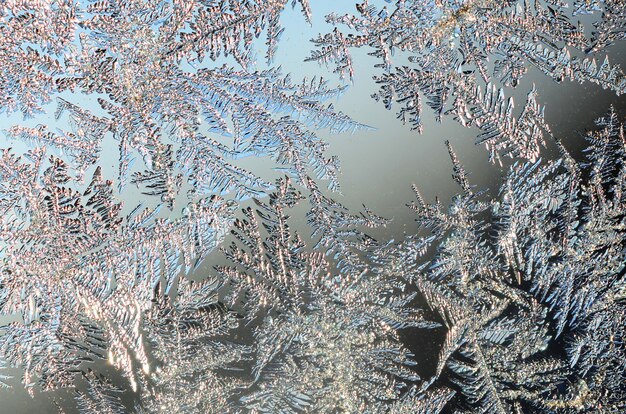 Snowflakes frost rime macro on window glass background