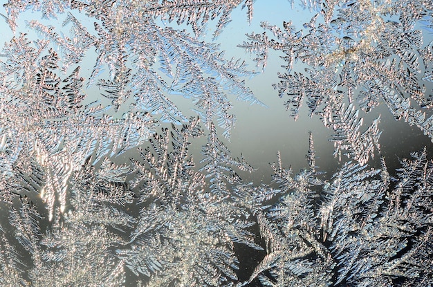 Snowflakes frost rime macro on window glass pane