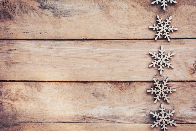 Snowflakes On Wood Background, Christmas Snow Flakes, Winter Decoration With Space.