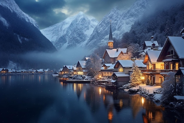 SnowKissed Hamlet Glowing Cottages amidst Mountain Grandeur