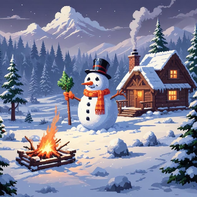 Photo snowman background winter landscape