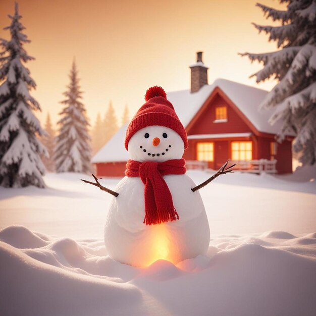 Photo snowman background winter landscape