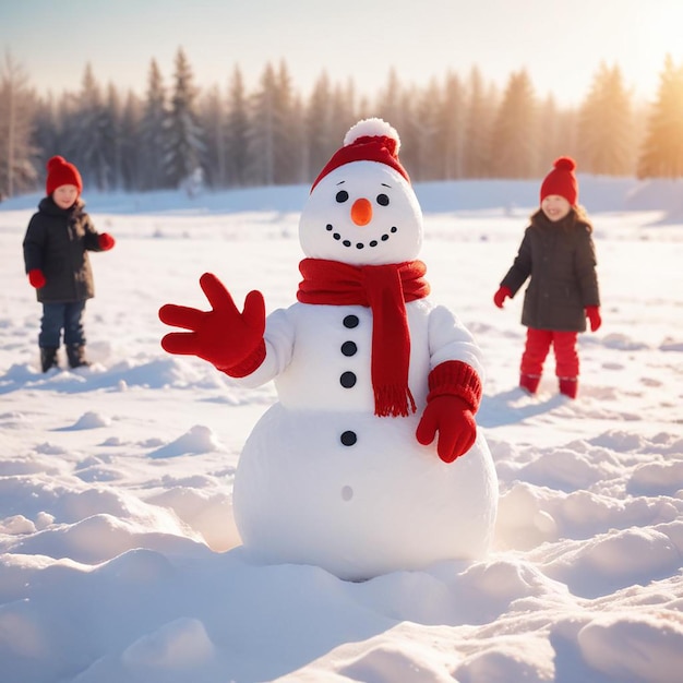 Photo snowman background winter landscape