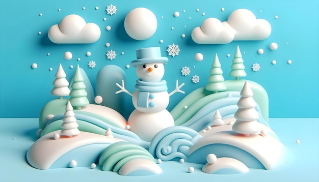 a snowman in a blue background with snowflakes and clouds