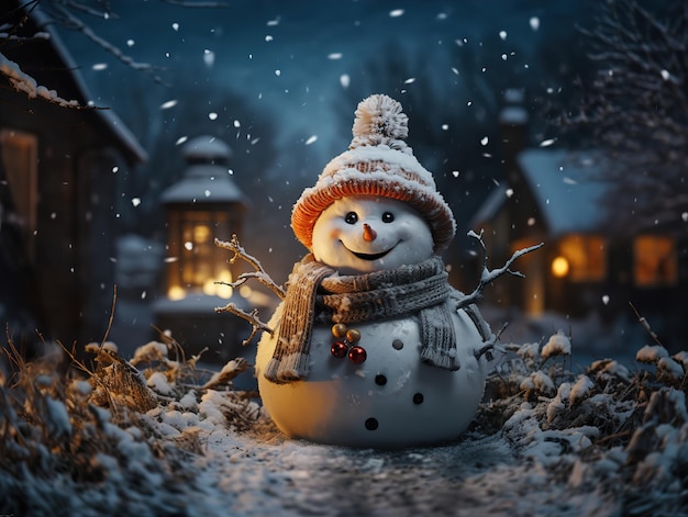 Snowman on a blurred background bright lights postcard Generative AI