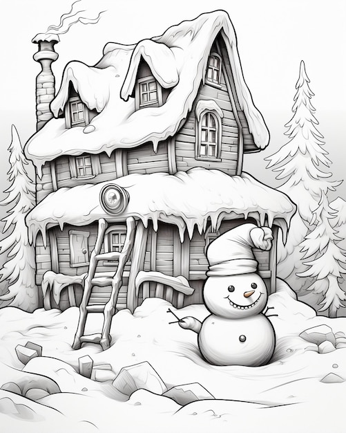 Photo snowman building house coloring page