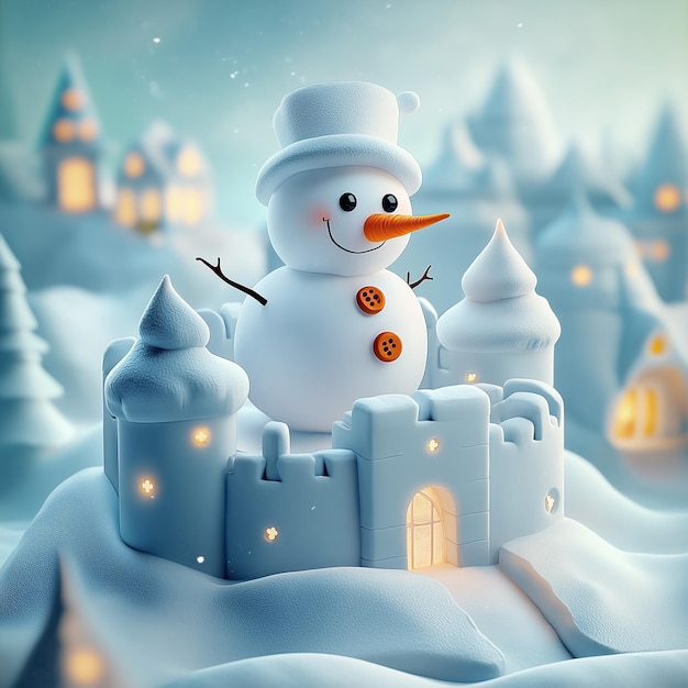 Photo a snowman building a snow castle with a carrot nose and buttons 3d illustration by generative ai