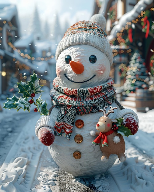 Snowman Caroler In A Christmas Town Square Wearing illustrated flat minimal design