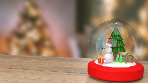 The snowman and Christmas tree in glass ball 3d rendering