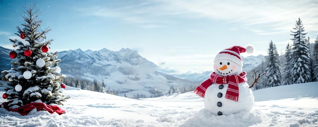 Photo snowman and christmas tree in a snowy mountain landscape festive winter wonderland scene