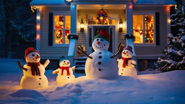 Snowman family in front of house decorated for Christmas and New Year