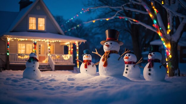 Snowman family in front of house decorated for Christmas and New Year