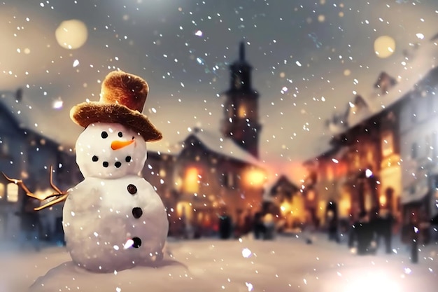 snowman in hat on evening city street Christmas card ,winter holiday greetings