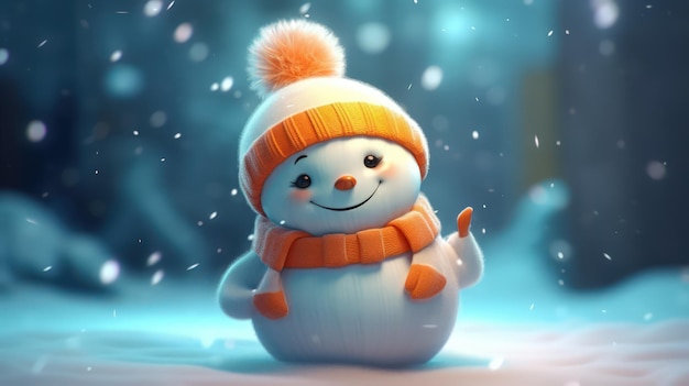 A snowman in a hat and scarf stands in a snowy scene.