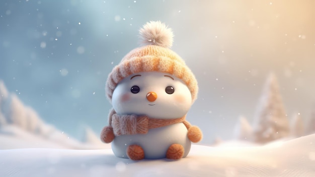 A snowman in a hat sits on a snowy surface.