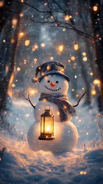 Photo snowman holding a lantern in a festive winter forest