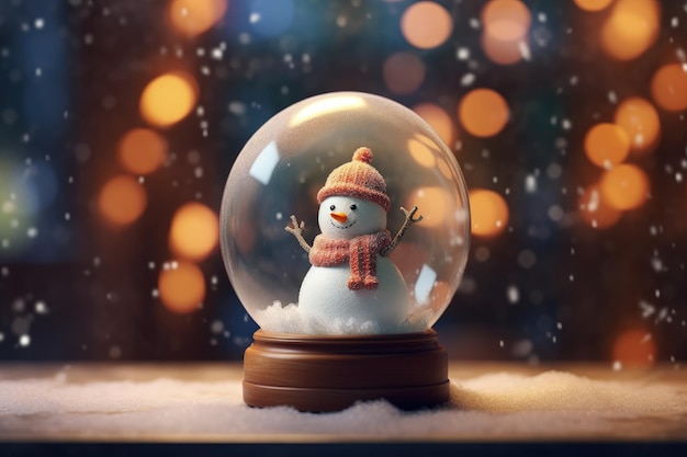 Snowman inside a snow globe bokeh background Generative AI