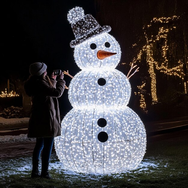 Photo a snowman is lit up with lights in the background