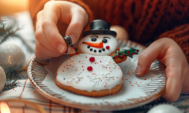 Photo a snowman is putting a snowman on a plate