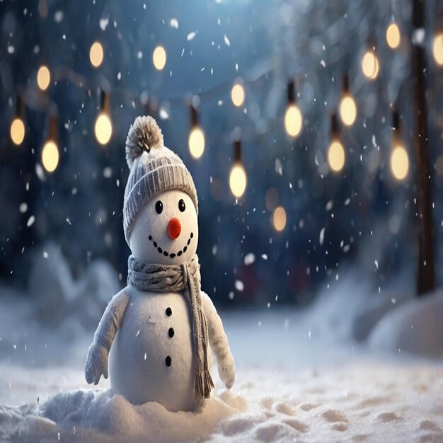 a snowman is in the snow outside with lights in the background