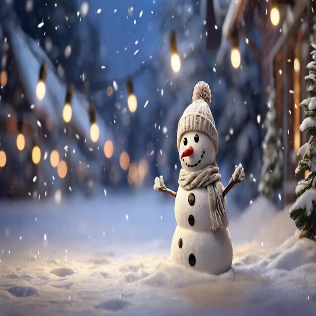 a snowman is standing in the snow in front of a building