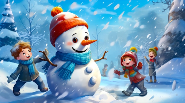 Snowman and little girl playing in the snow with snowman Generative AI