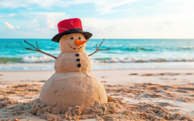 Snowman made from sand on beautiful tropical beach Summer New year concept copy space for text