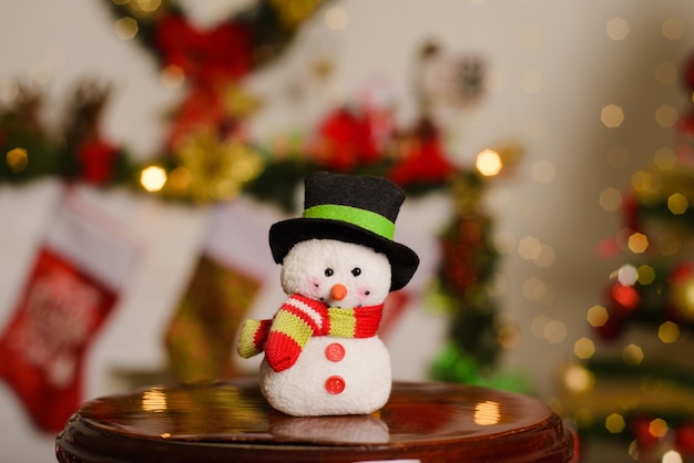 Snowman made of wool and yarn with Christmas background Decorative crafts for Christmas