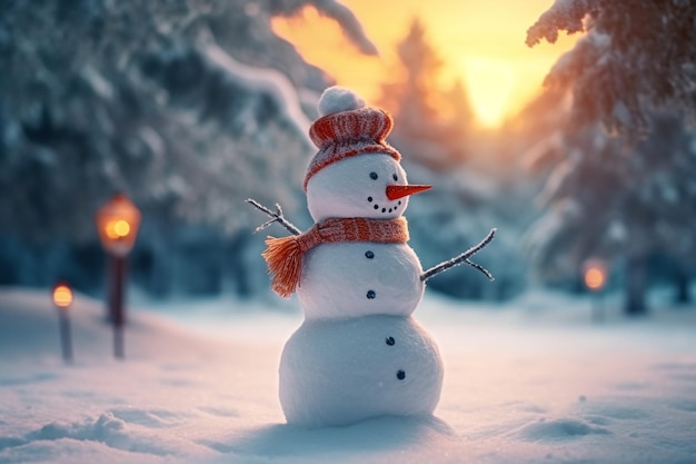 Snowman in the middle of pine tree during winter Christmas concept Generative AI