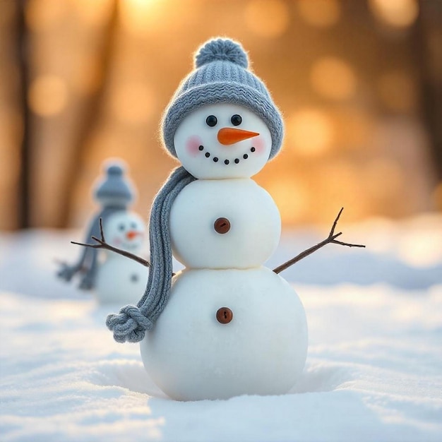 Photo snowman and miniature in a winter wonderland