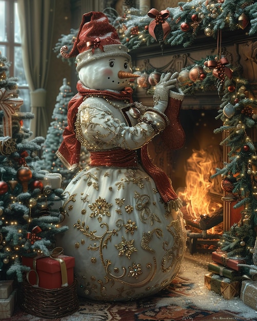 Snowman Mrs Claus In A Cozy Fireplace Wearing illustration