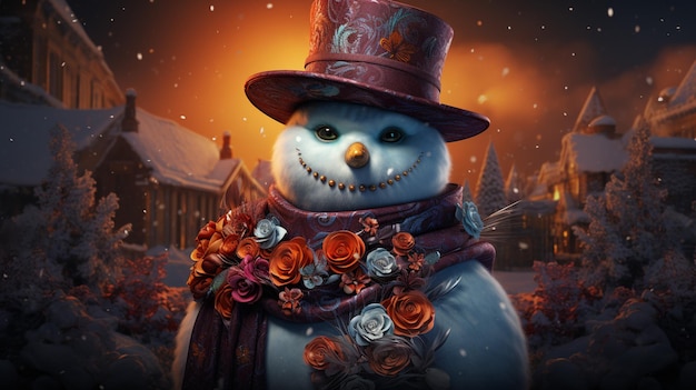 snowman in the night with wearing hat on the winter