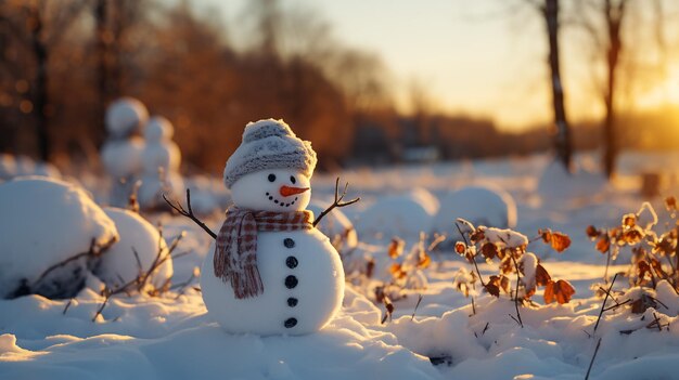 snowman on orange sunset background