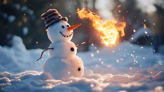 Photo snowman playing with fire while frolicking