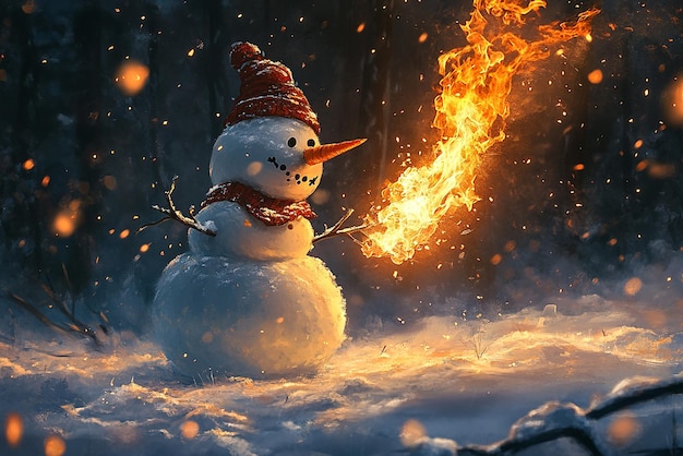 Snowman Playing with Fire While Frolicking