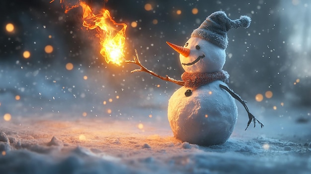 Photo snowman playing with fire while frolicking