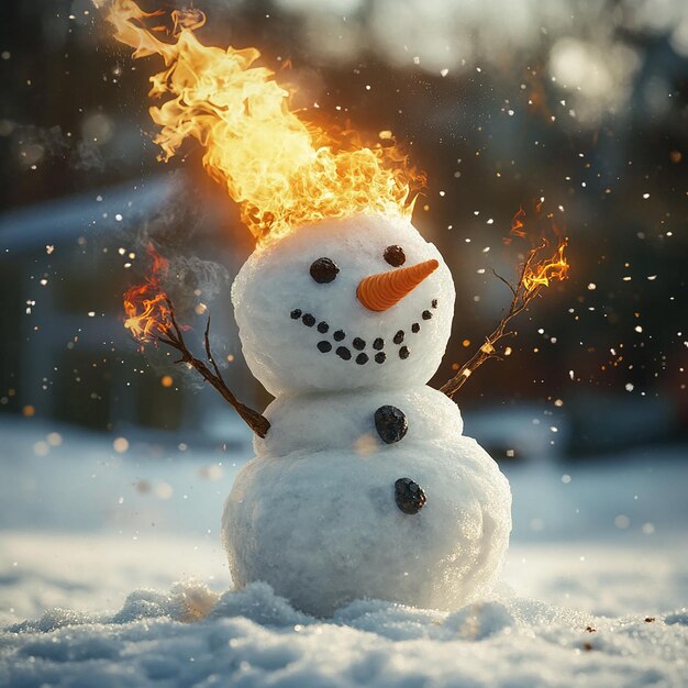 Photo snowman playing with fire while frolicking