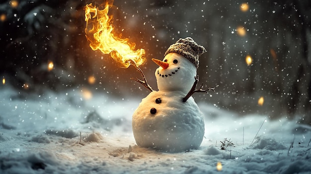 Snowman Playing with Fire While Frolicking