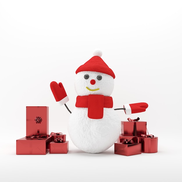 Snowman raise hands up with gift box on Blue background. Concept santa claus Christmas Festive. Minimal idea concept Christmas. 3D Render.