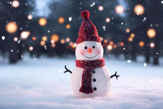 Snowman in a red hat and scarf on a background of the night city