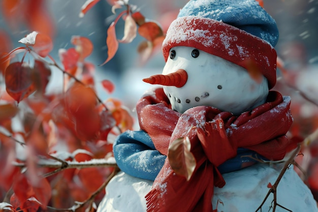 Snowman in red scarf and scarf on the background of the autumn landscape