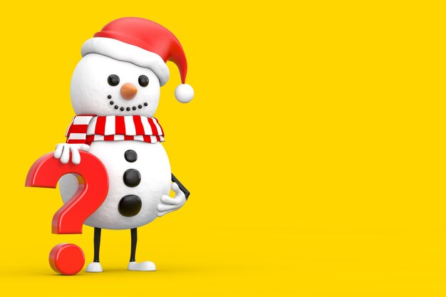 Snowman in Santa Claus Hat Person Character Mascot with Red Question Mark Sign on a yellow background. 3d Rendering