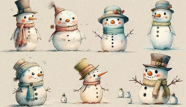 Snowman set watercolor style set Generative AI