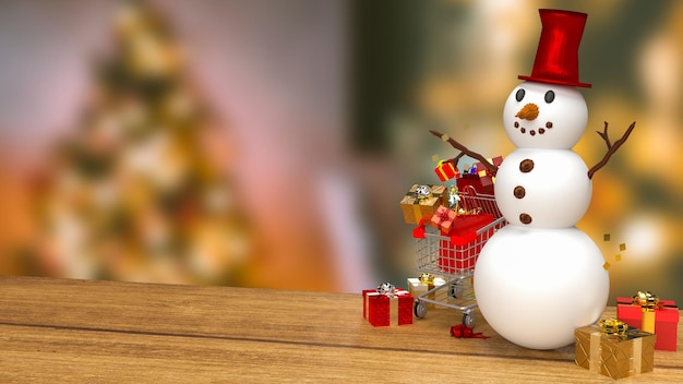 The snowman and shopping cart for holiday concept 3d rendering