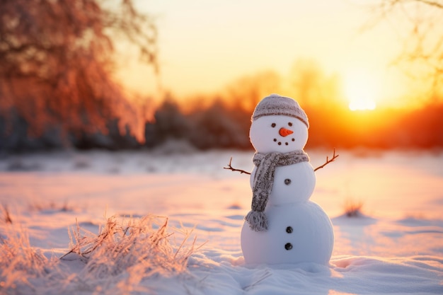 a snowman silhouetted against a colorful winter sunset Created with generative AI technology