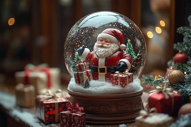 Photo a snowman in a snow globe with santa claus on it